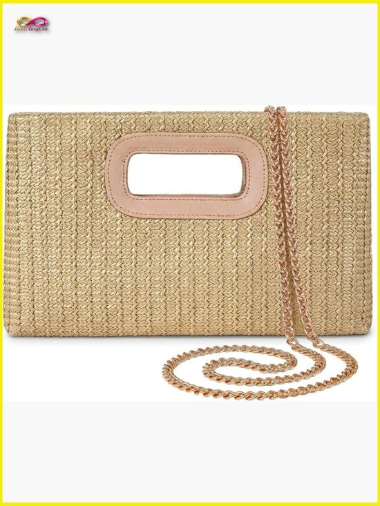 Handbags - Woven Straw Clutch Purse with Gold Chain Evening Shoulder Crossbody Bag